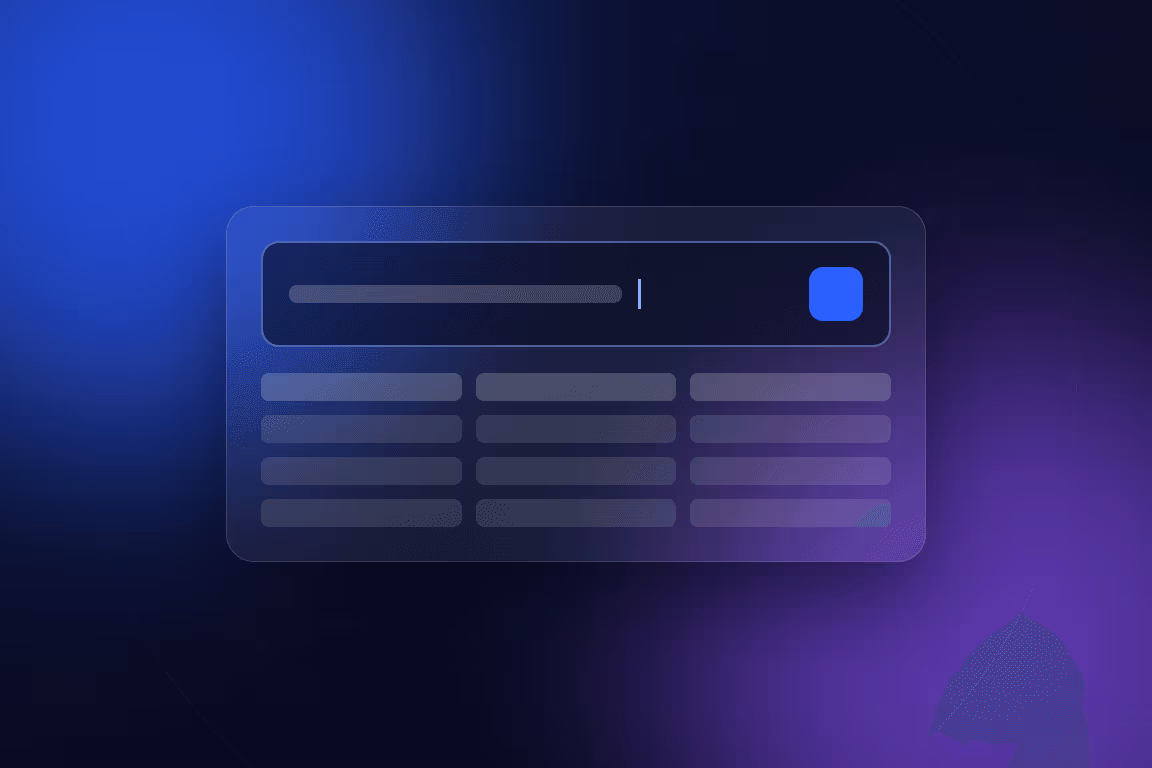 Illustration of a plain text input with a cursor, sitting above a table of results.