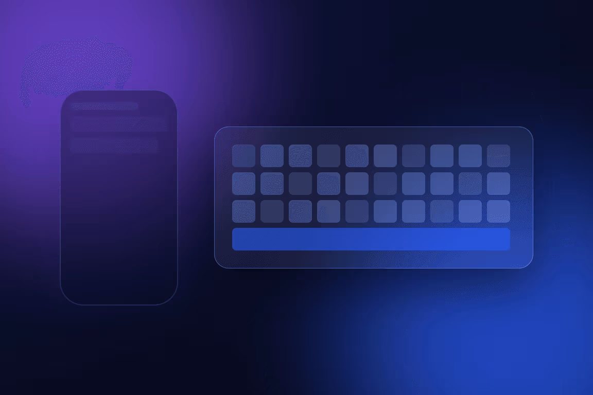 Illustration of a faded phone beside a large keyboard, weighing typing speed against mobile.