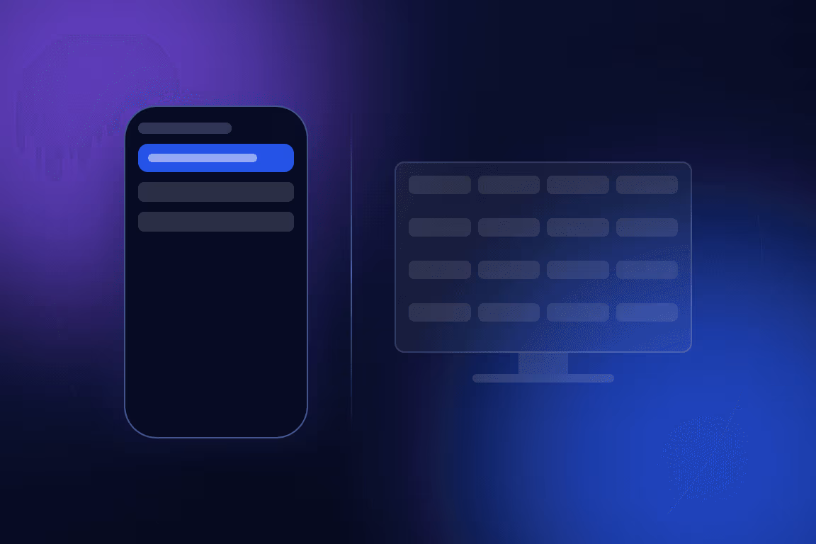 Illustration of a phone with one highlighted row beside a desktop monitor showing a full table.