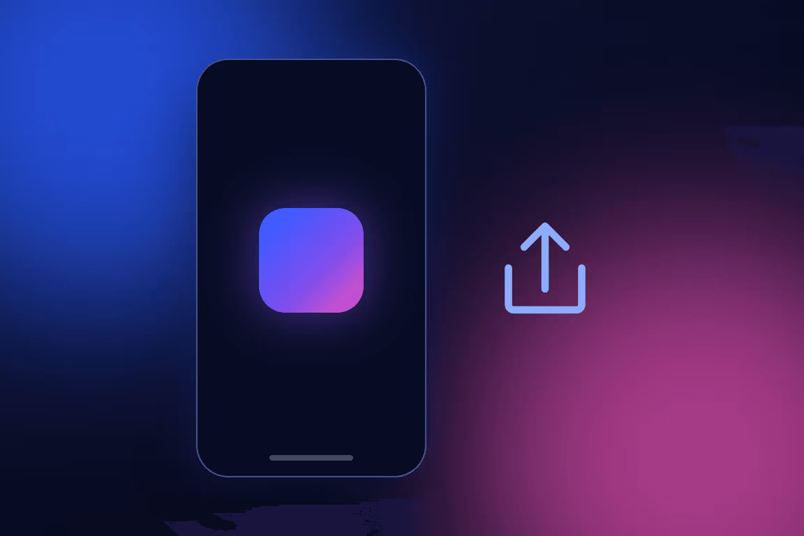 Illustration of a phone showing a single app icon beside the iOS share symbol.
