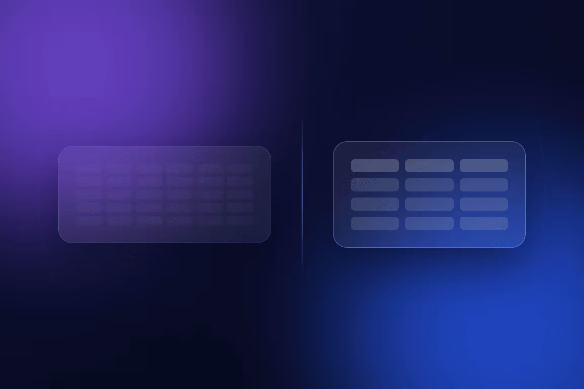 Illustration comparing a cramped data table with a wider, spaced out table built for a small screen.