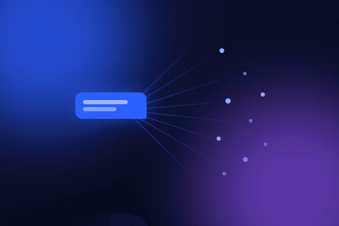 Illustration of a single message bubble with lines fanning out to many recipient dots.