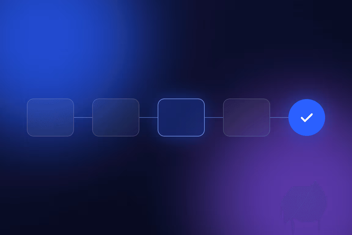 Illustration of linked steps running left to right and finishing on a blue checkmark.